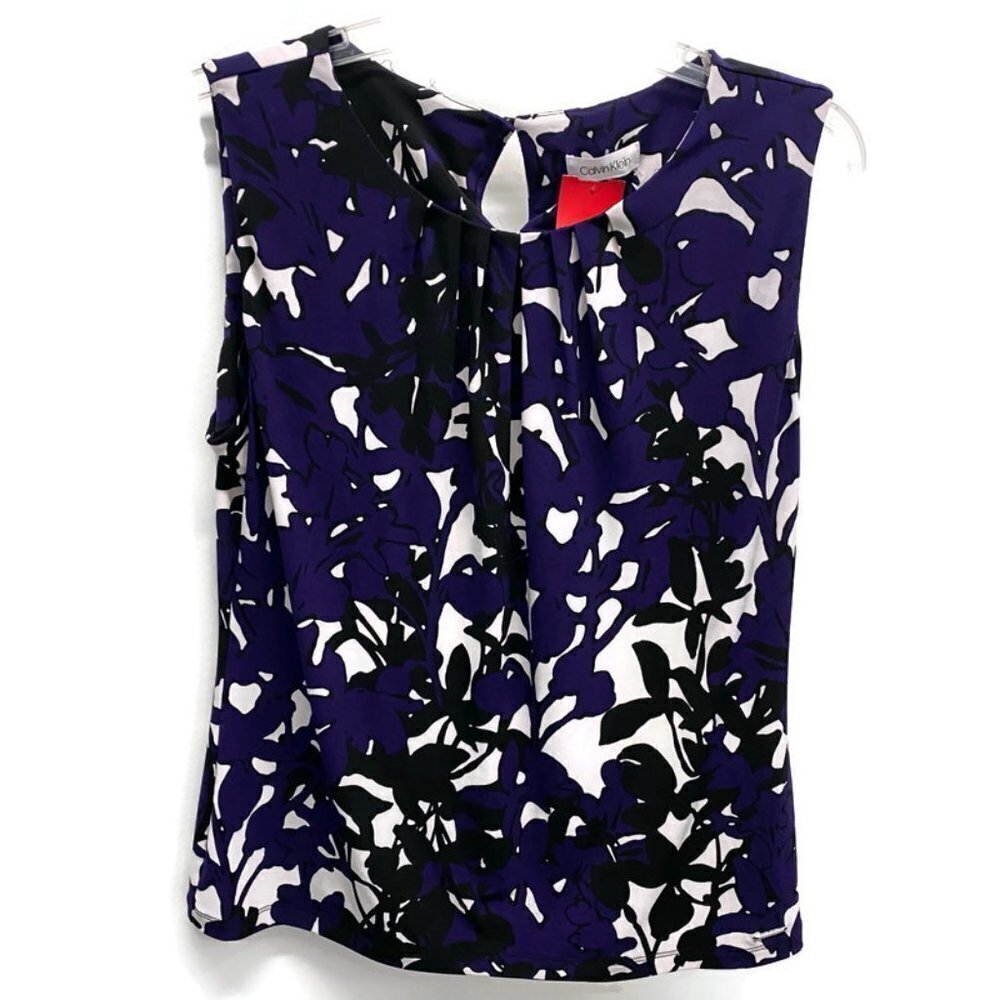 Calvin Klein Purple & White Floral Pleats Tank Top